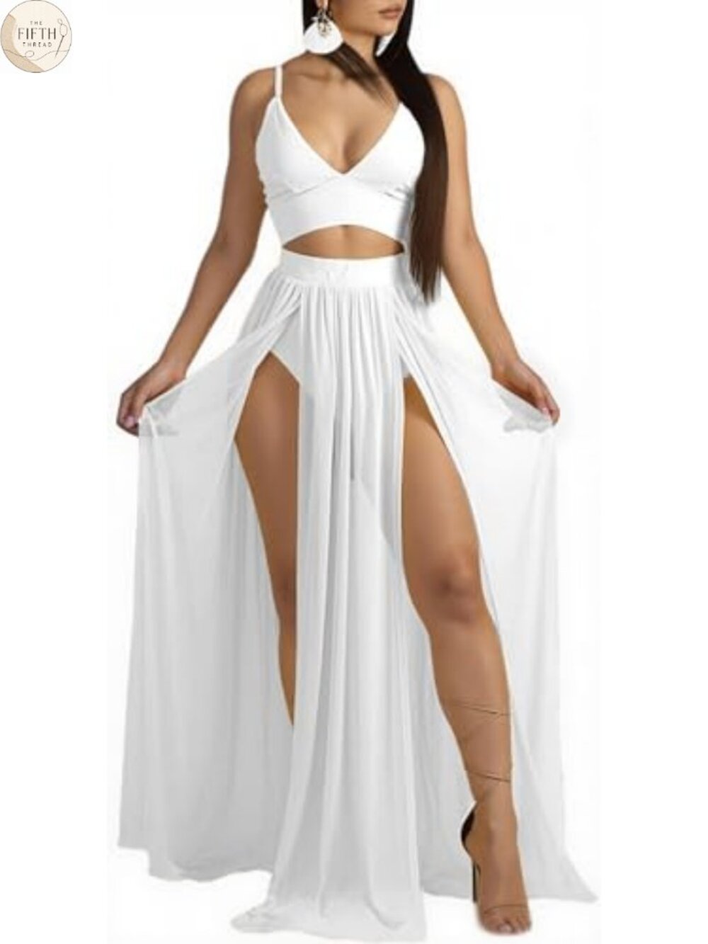 Women's Chiffon 2 Piece Maxi Skirt Set High Split Crop Top Beach Cover-Up